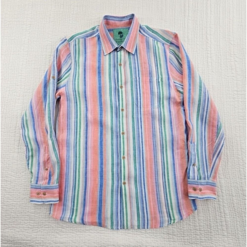Ocean & Coast 100% Linen‎ Men's M Multicolor Striped Long Sleeve Shirt Beachwear